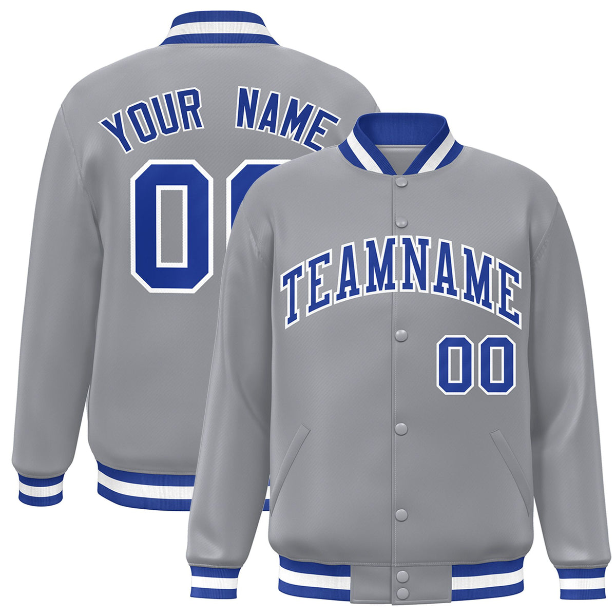 Custom Gray Royal-Blue White Bomber Full-Snap Varsity Letterman Jacket