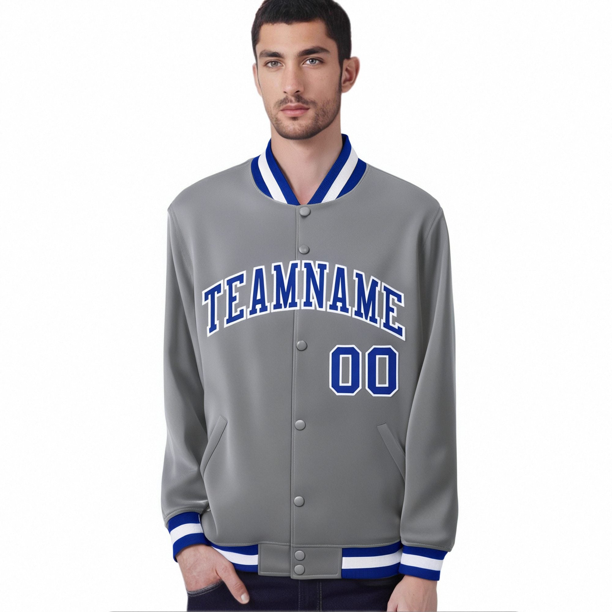 Custom Gray Royal-Blue White Bomber Full-Snap Varsity Letterman Jacket