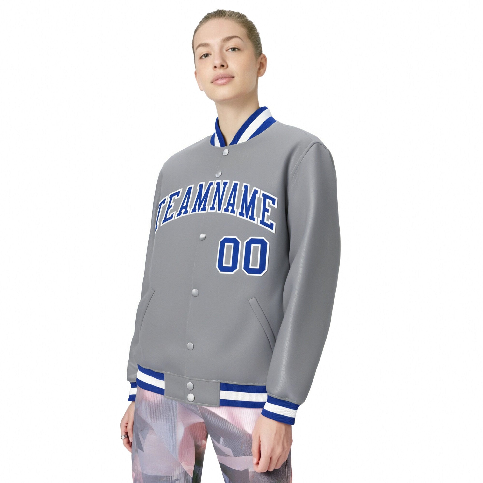 Custom Gray Royal-Blue White Bomber Full-Snap Varsity Letterman Jacket