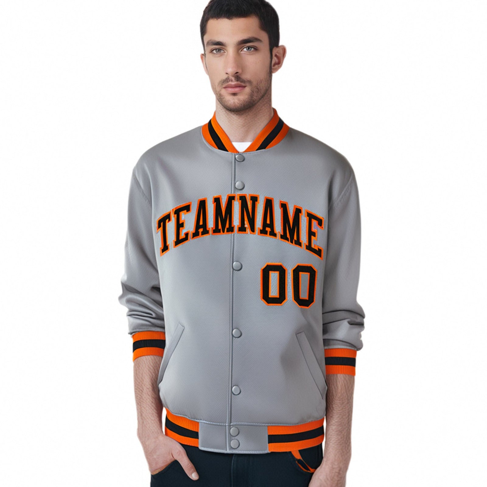 Custom Gray Black-Orange Bomber Full-Snap Varsity Letterman Jacket