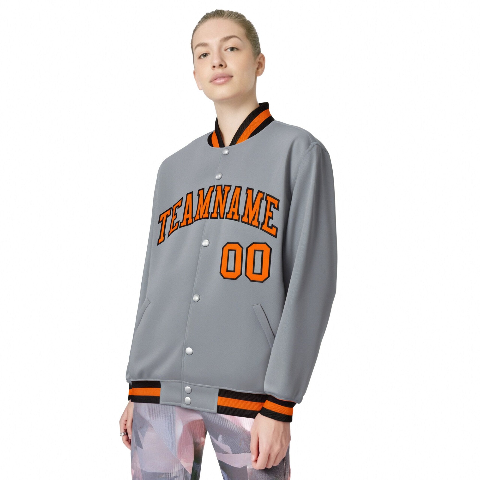 Custom Gray Orange-Black Bomber Full-Snap Varsity Letterman Jacket