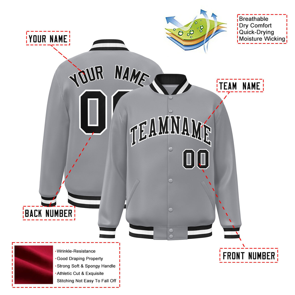 Custom Gray Black-White Bomber Full-Snap Varsity Letterman Jacket