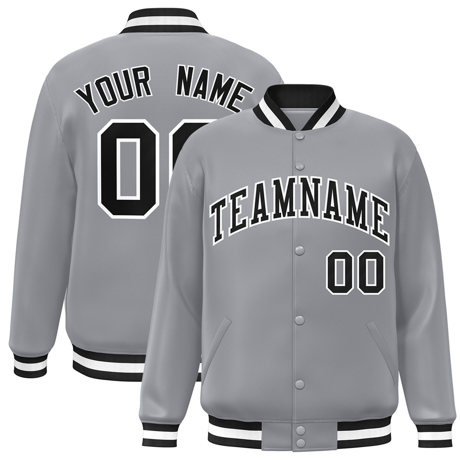 Custom Gray Black-White Bomber Full-Snap Varsity Letterman Jacket