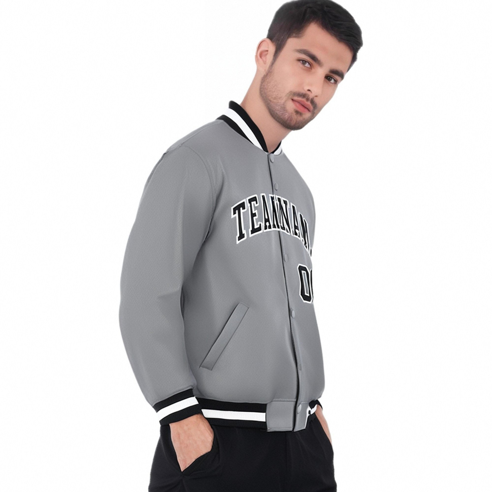 Custom Gray Black-White Bomber Full-Snap Varsity Letterman Jacket