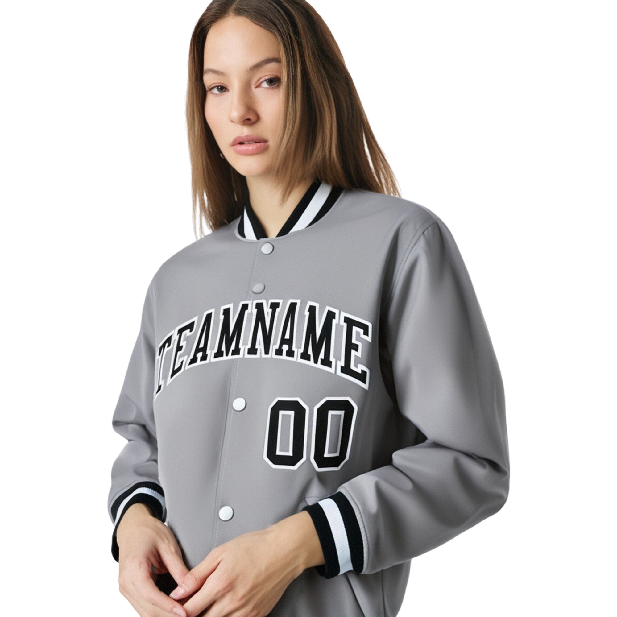 Custom Gray Black-White Bomber Full-Snap Varsity Letterman Jacket