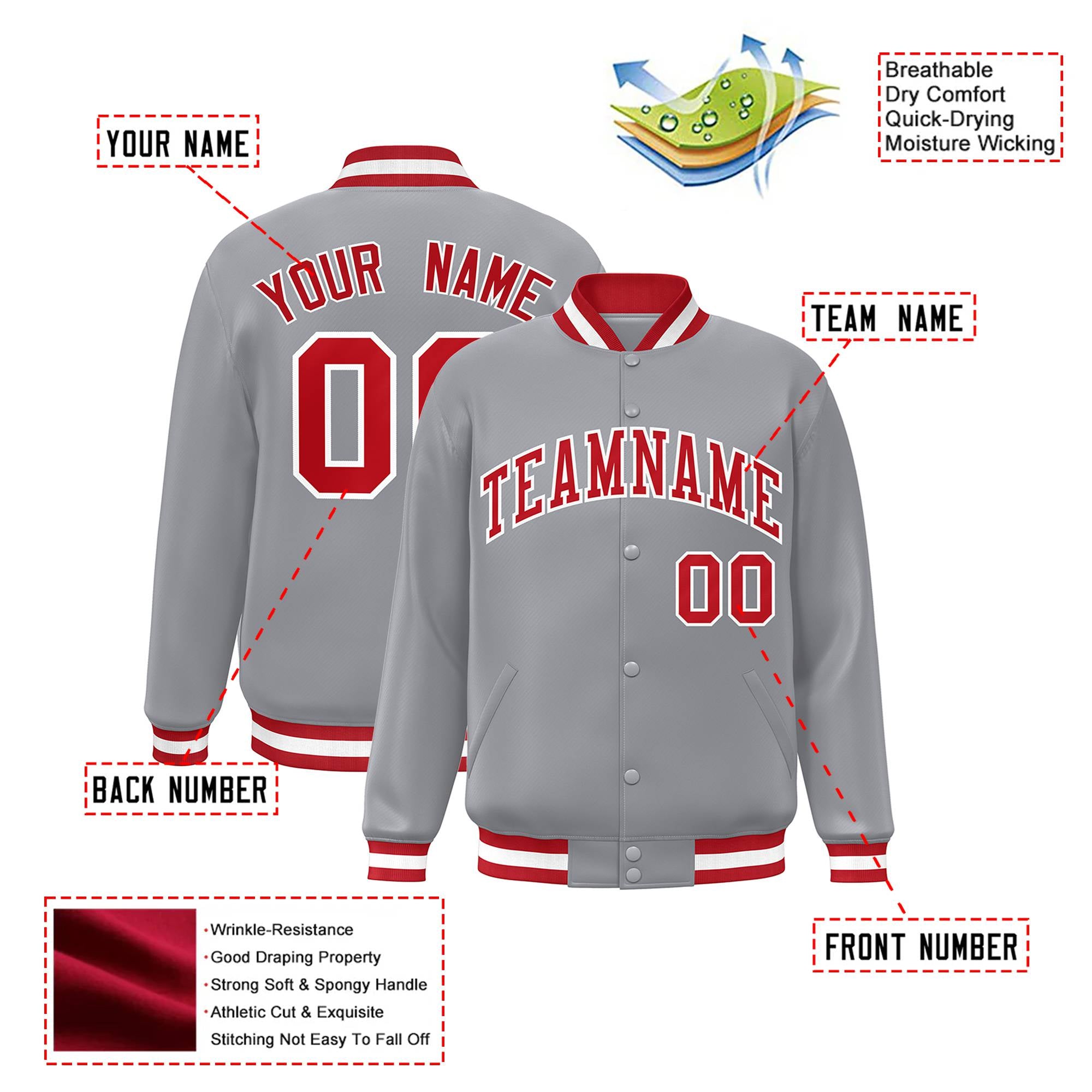 Custom Gray Red-White Bomber Full-Snap Varsity Letterman Jacket