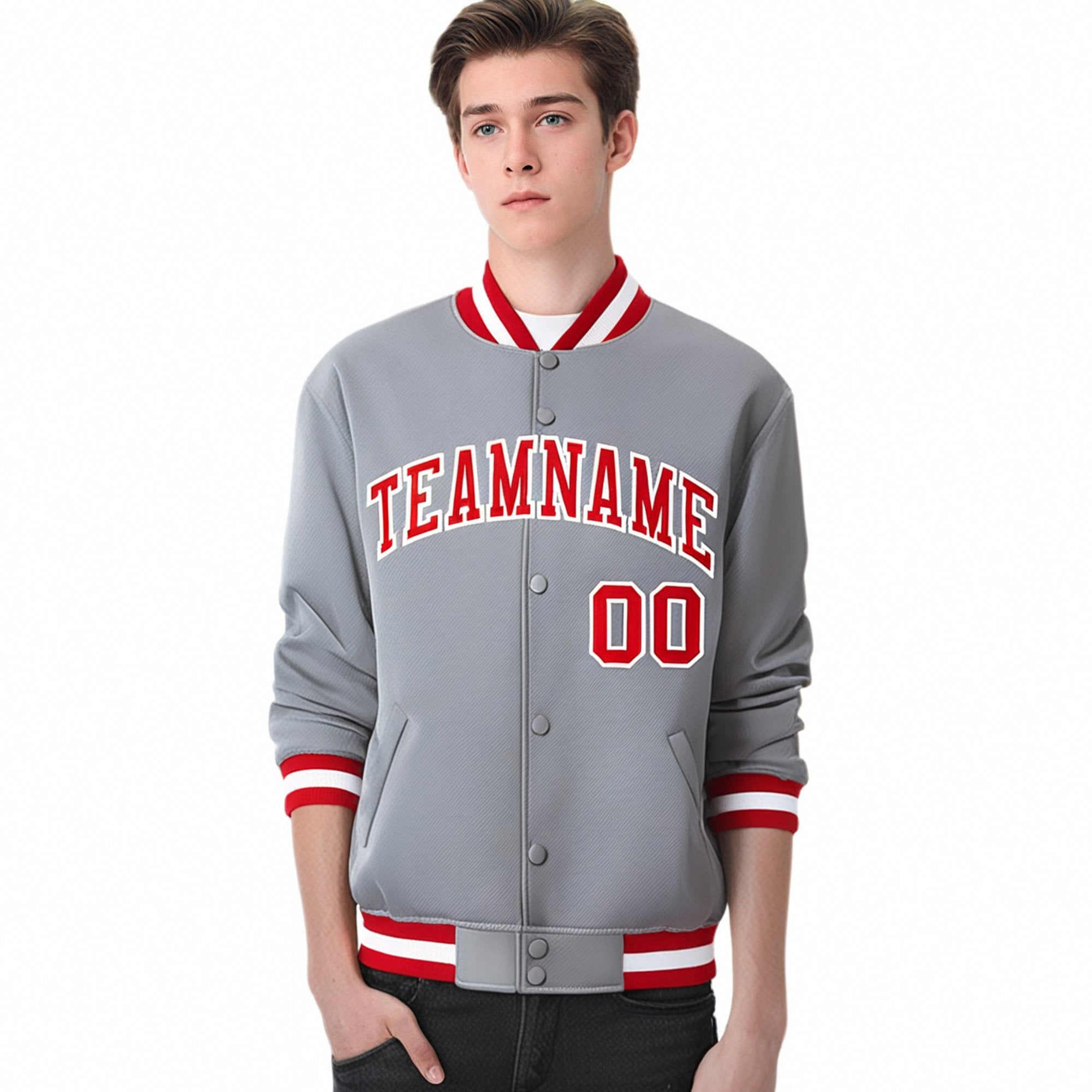 Custom Gray Red-White Bomber Full-Snap Varsity Letterman Jacket