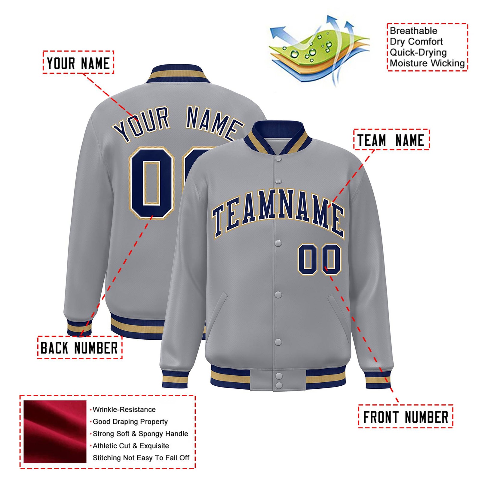 Custom Gray Navy Old-Gold Bomber Full-Snap Varsity Letterman Jacket