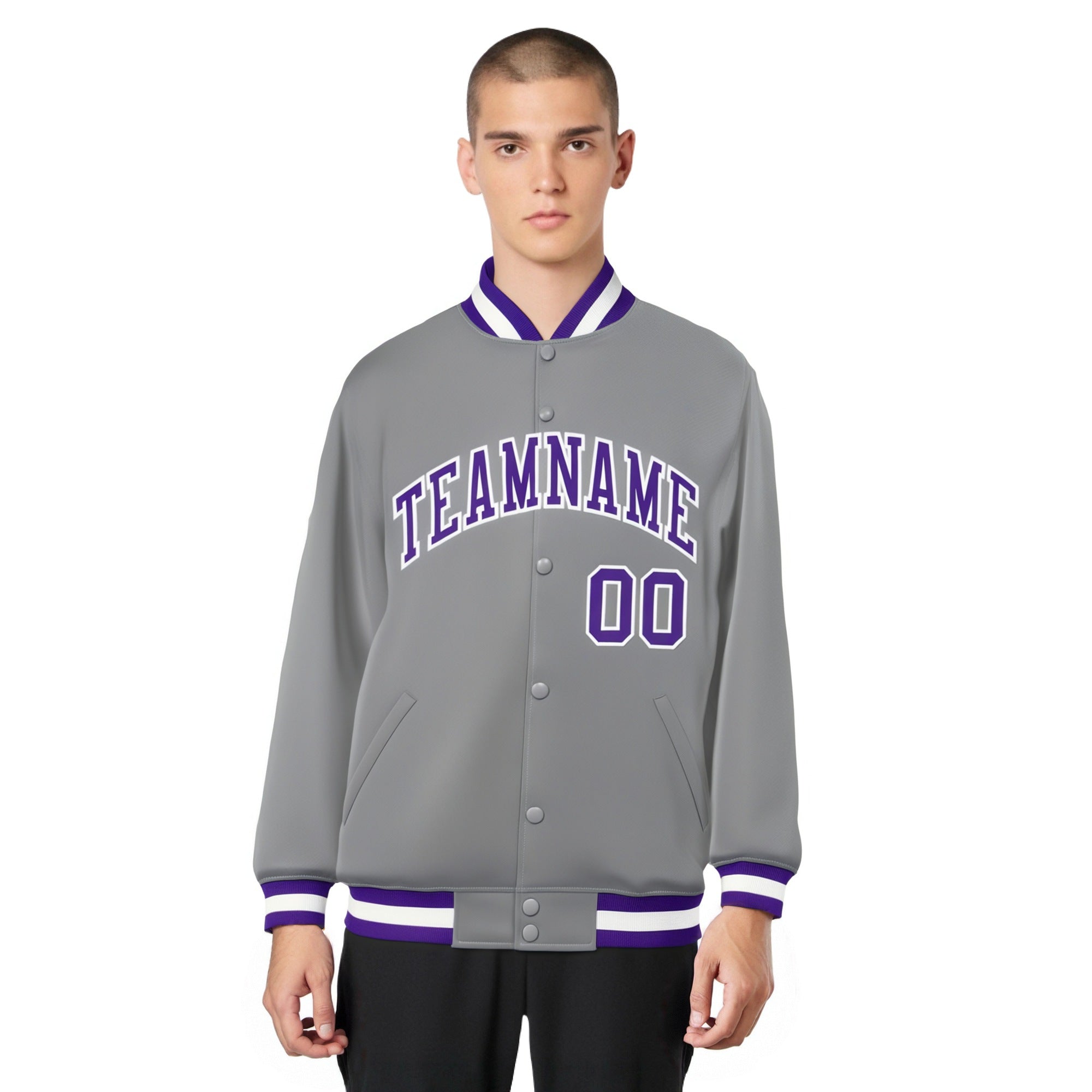 Custom Gray Purple-White Bomber Full-Snap Varsity Letterman Jacket