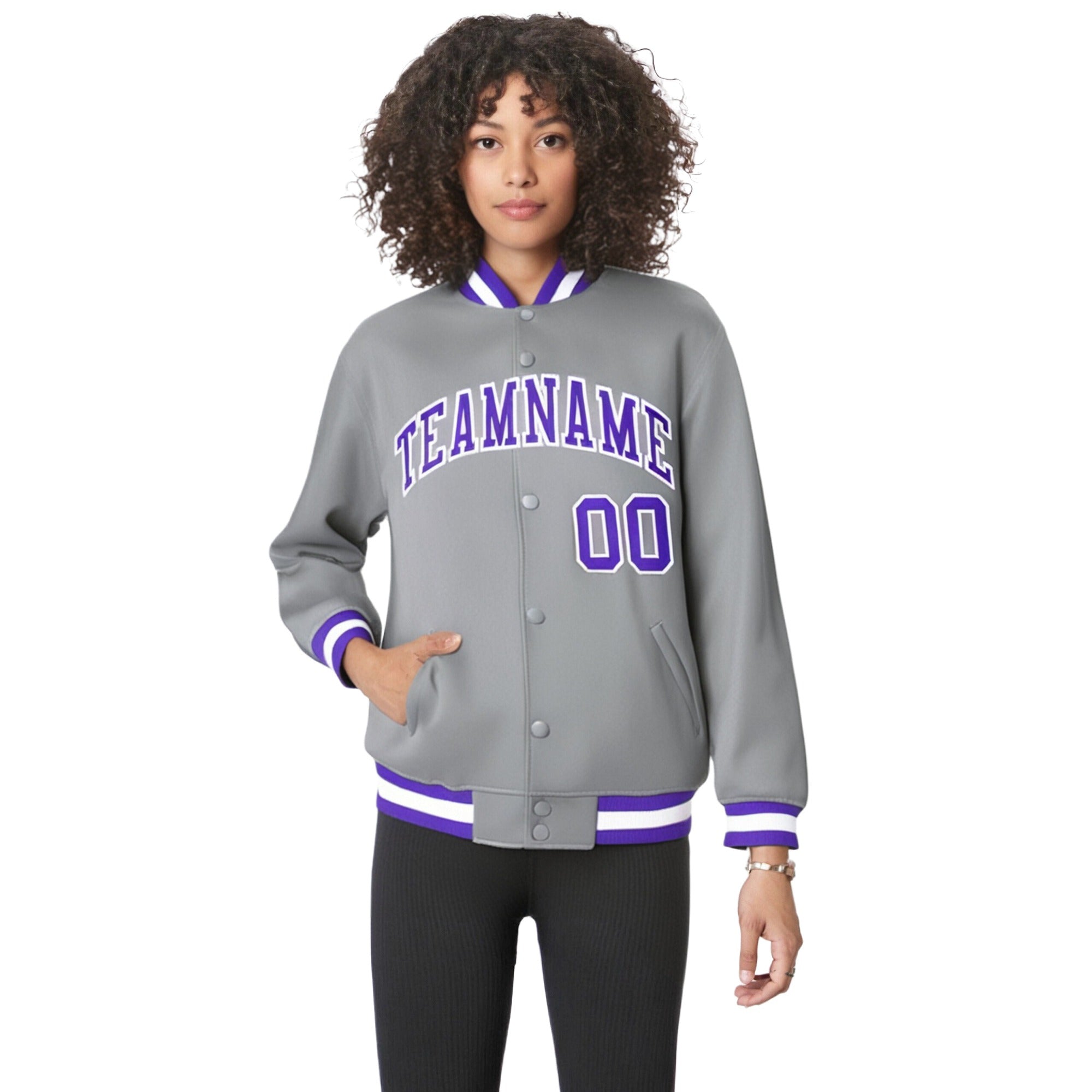 Custom Gray Purple-White Bomber Full-Snap Varsity Letterman Jacket