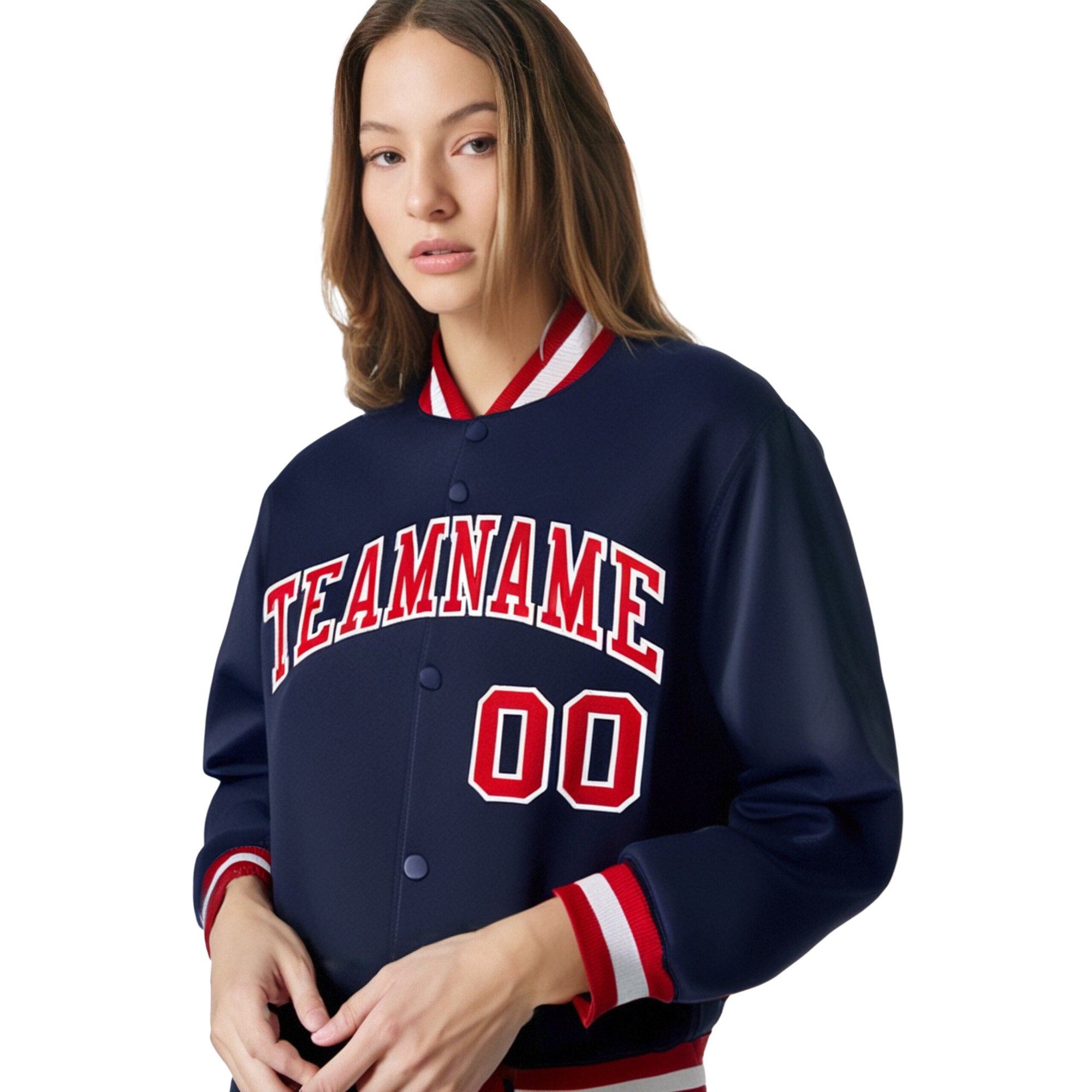 Custom Navy Red-White Bomber Full-Snap Varsity Letterman Jacket