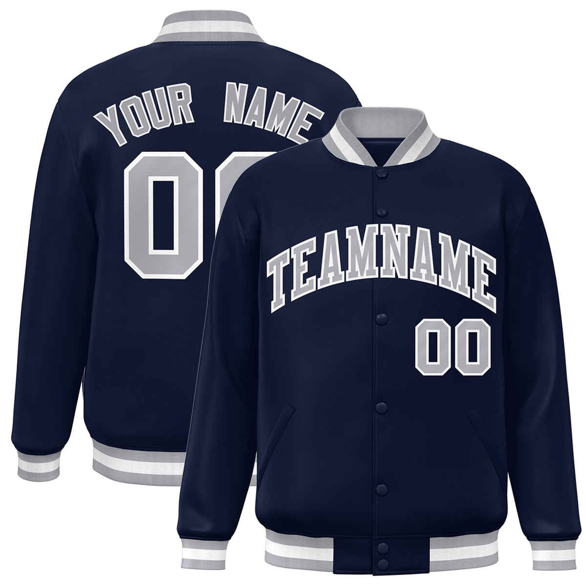 Custom Navy Gray-White Bomber Full-Snap Varsity Letterman Jacket