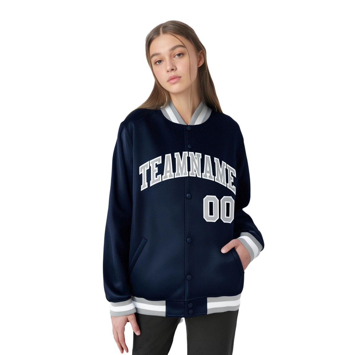 Custom Navy Gray-White Bomber Full-Snap Varsity Letterman Jacket