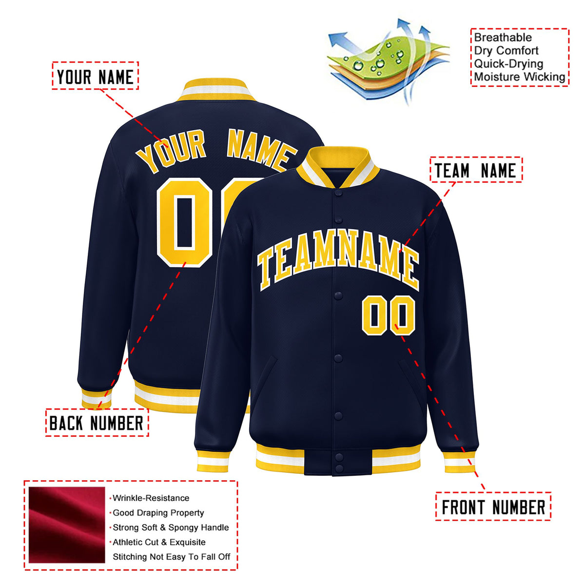 Custom Navy Yellow-White Bomber Full-Snap Varsity Letterman Jacket