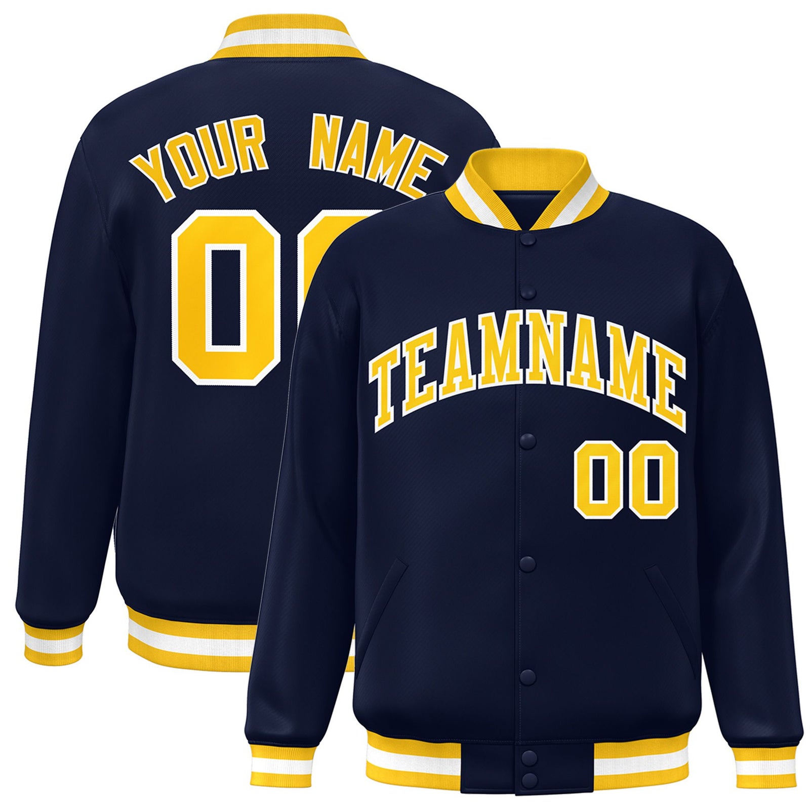 Custom Navy Yellow-White Bomber Full-Snap Varsity Letterman Jacket