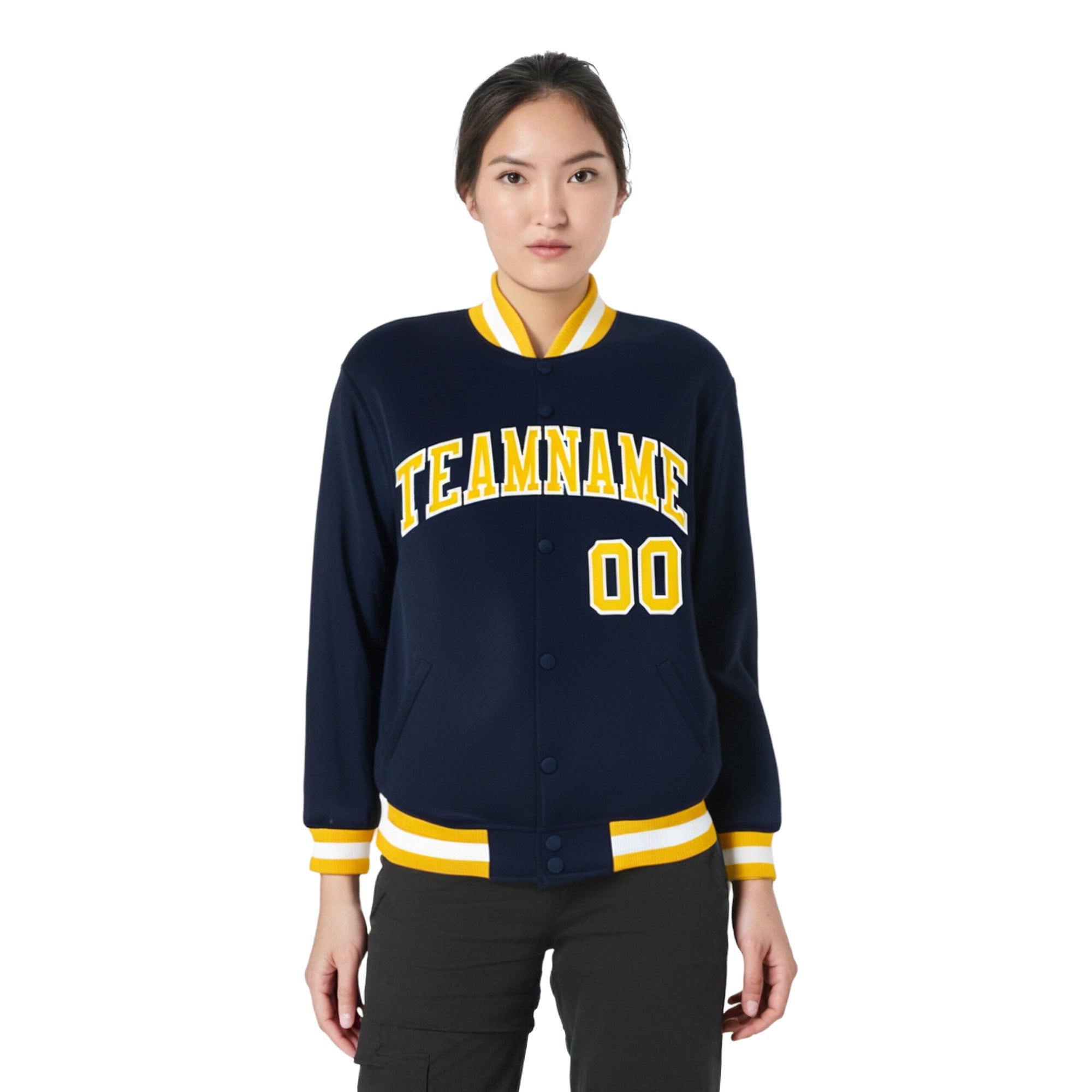 Custom Navy Yellow-White Bomber Full-Snap Varsity Letterman Jacket