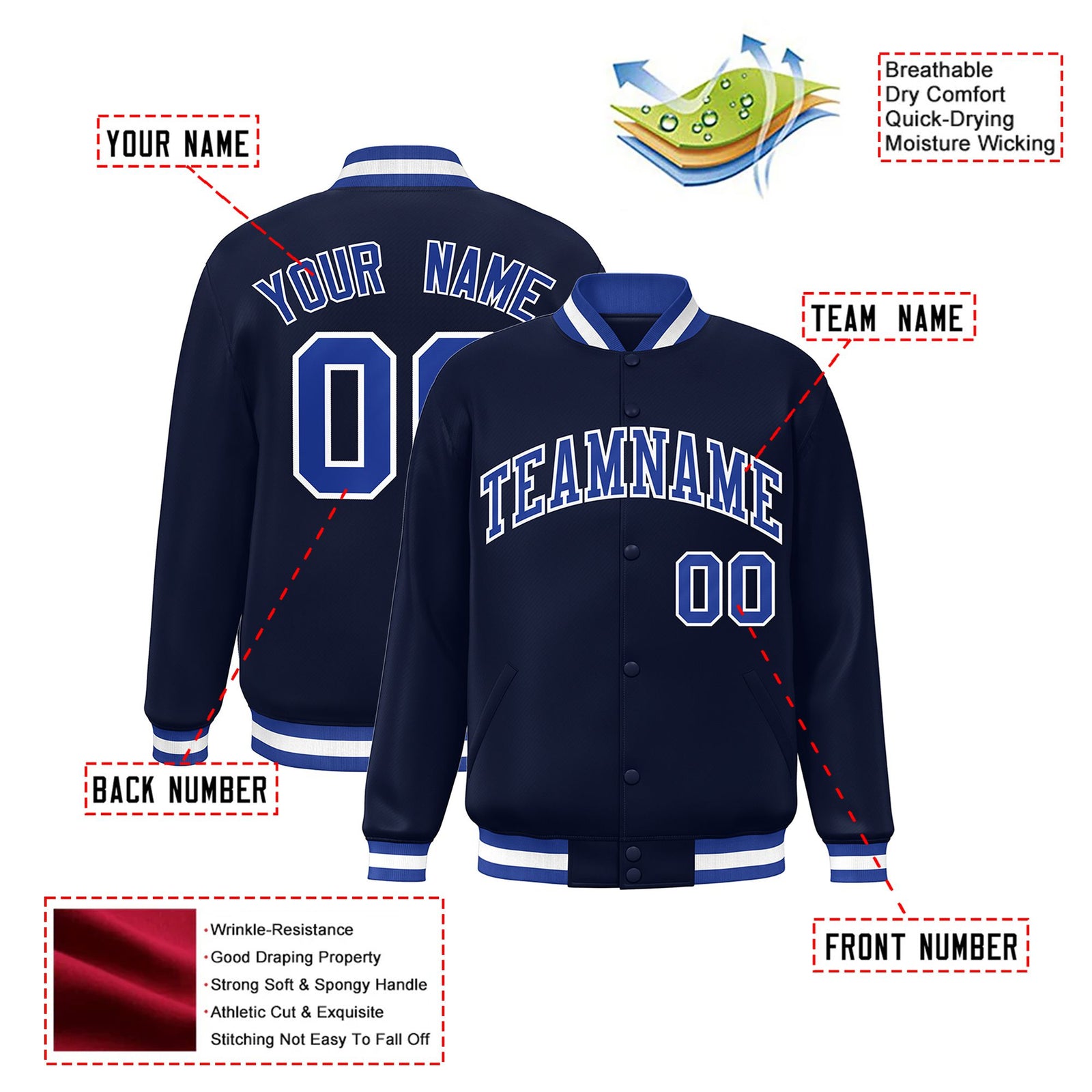 Custom Navy Royal-Blue White Bomber Full-Snap Varsity Letterman Jacket