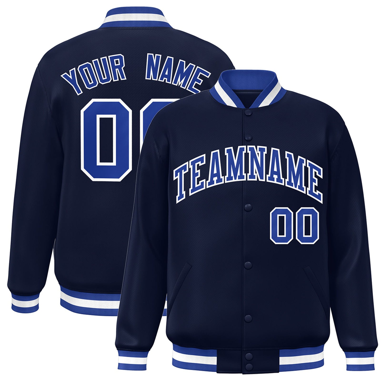 Custom Navy Royal-Blue White Bomber Full-Snap Varsity Letterman Jacket