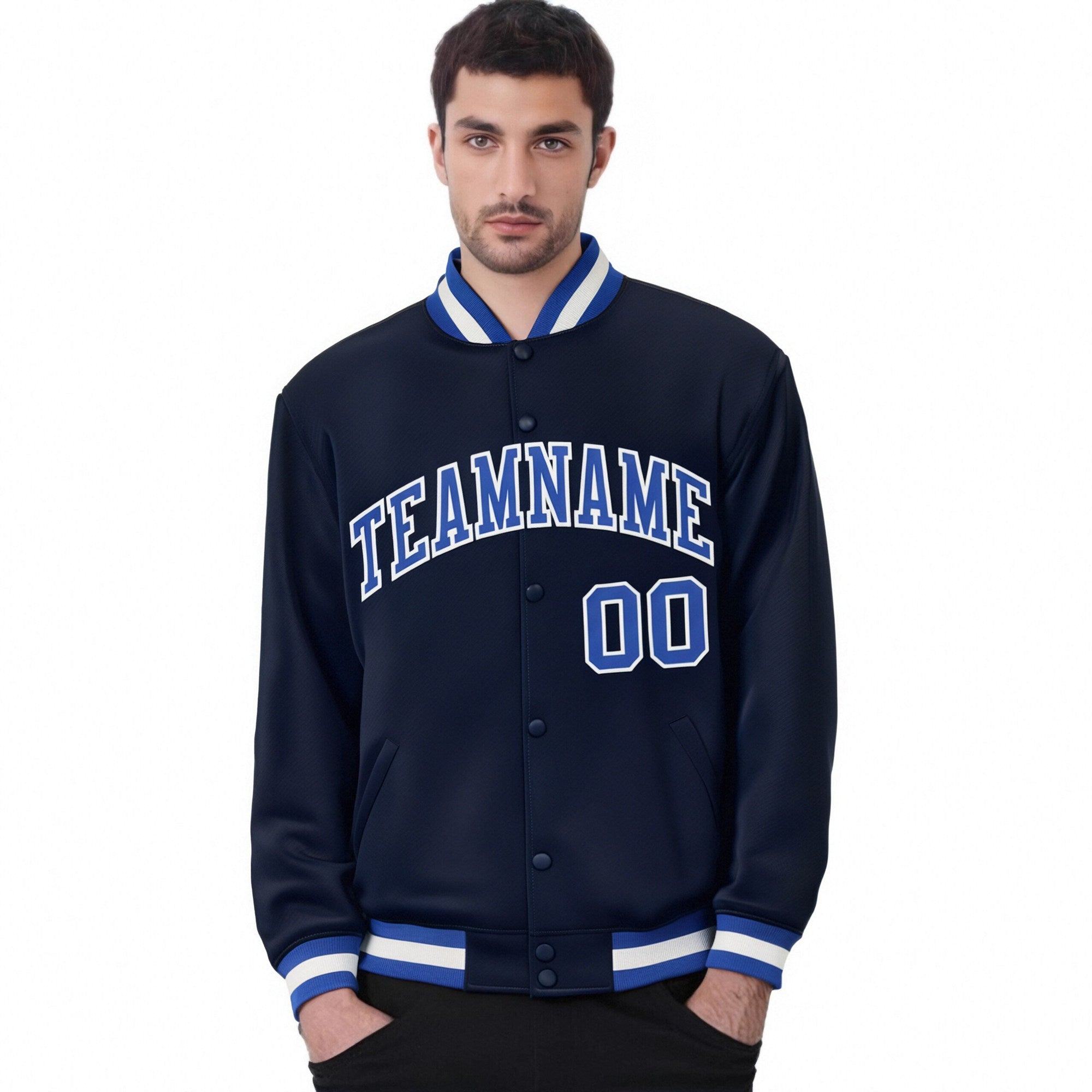 Custom Navy Royal-Blue White Bomber Full-Snap Varsity Letterman Jacket