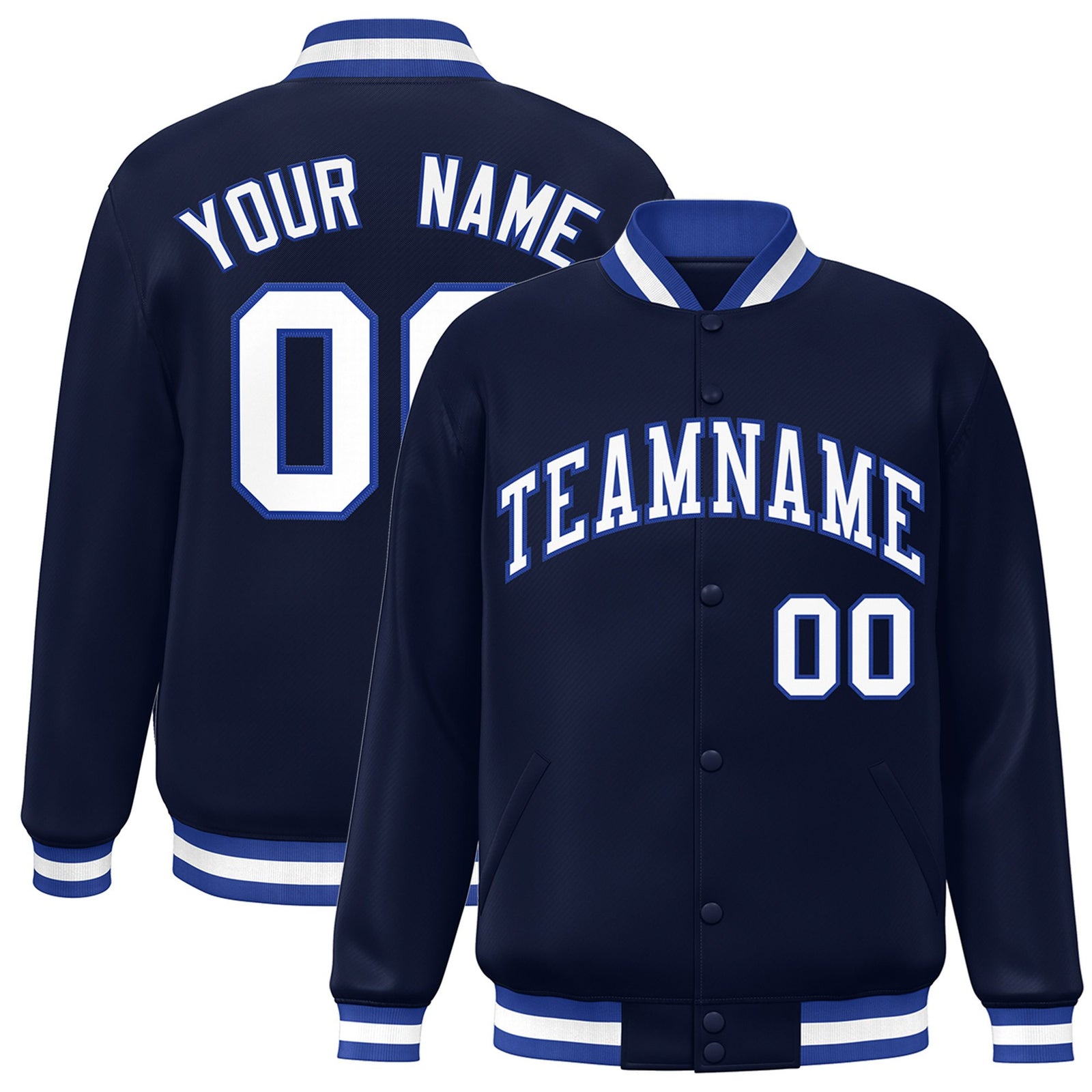 Custom Navy White Royal-Blue Bomber Full-Snap Varsity Letterman Jacket