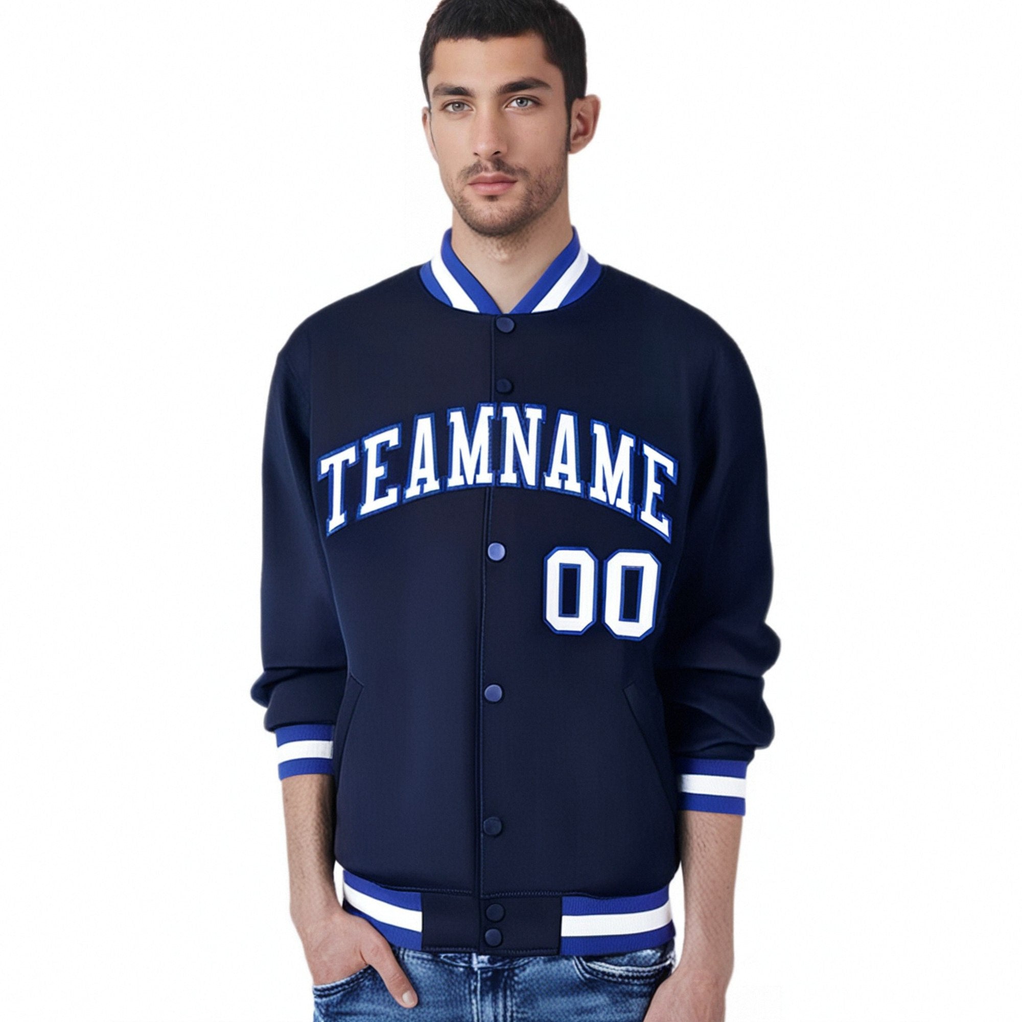 Custom Navy White Royal-Blue Bomber Full-Snap Varsity Letterman Jacket