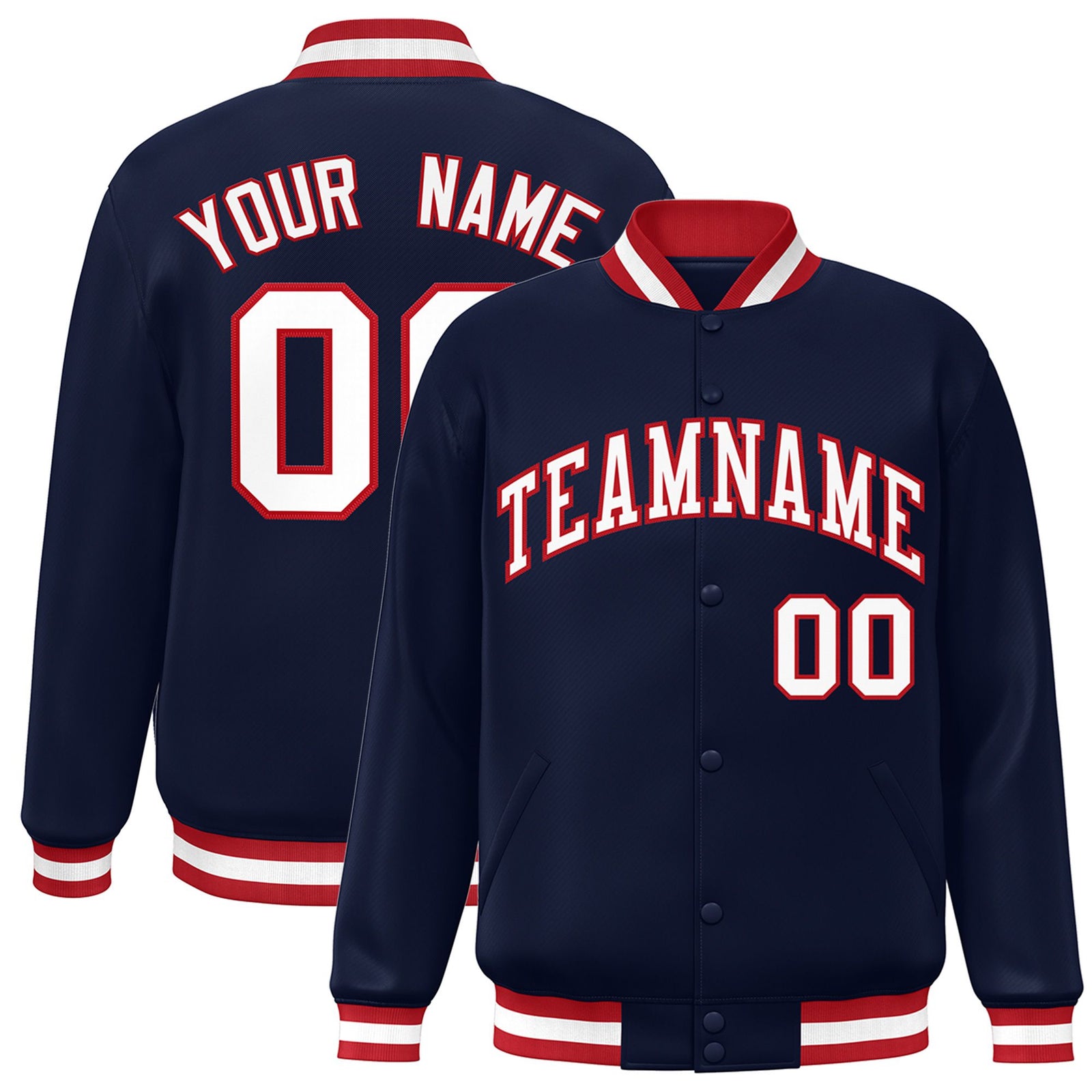 Custom Navy White Red Bomber Full-Snap Varsity Letterman Jacket