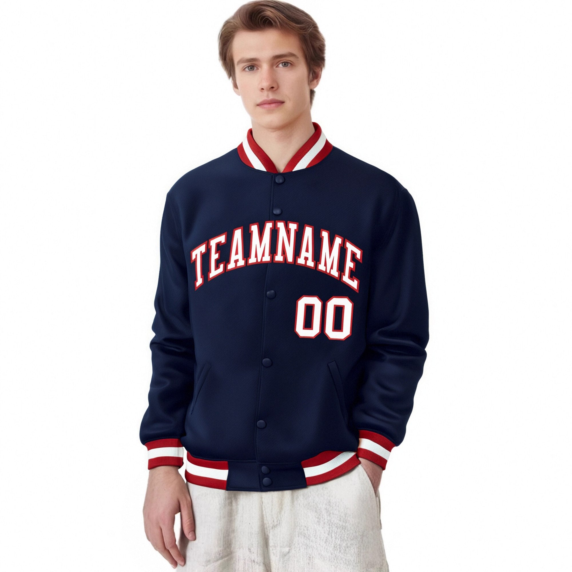 Custom Navy White Red Bomber Full-Snap Varsity Letterman Jacket