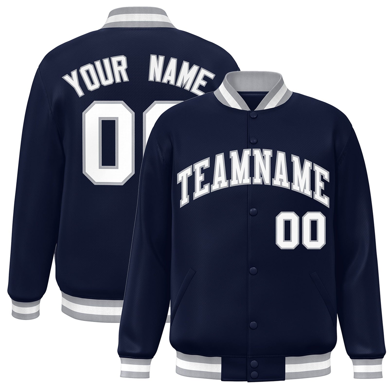Custom Navy White Gray Bomber Full-Snap Varsity Letterman Jacket