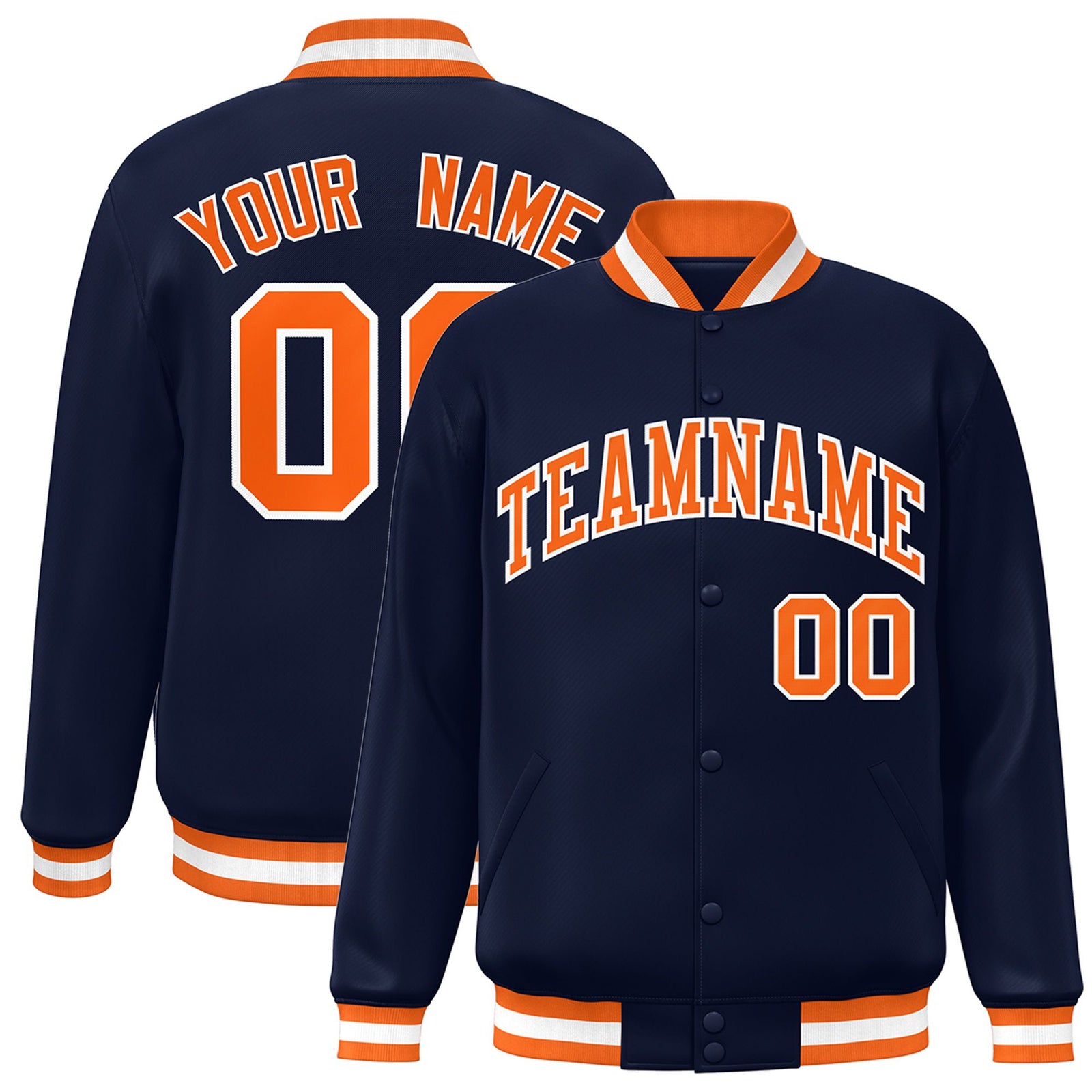 Custom Navy Orange-White Bomber Full-Snap Varsity Letterman Jacket