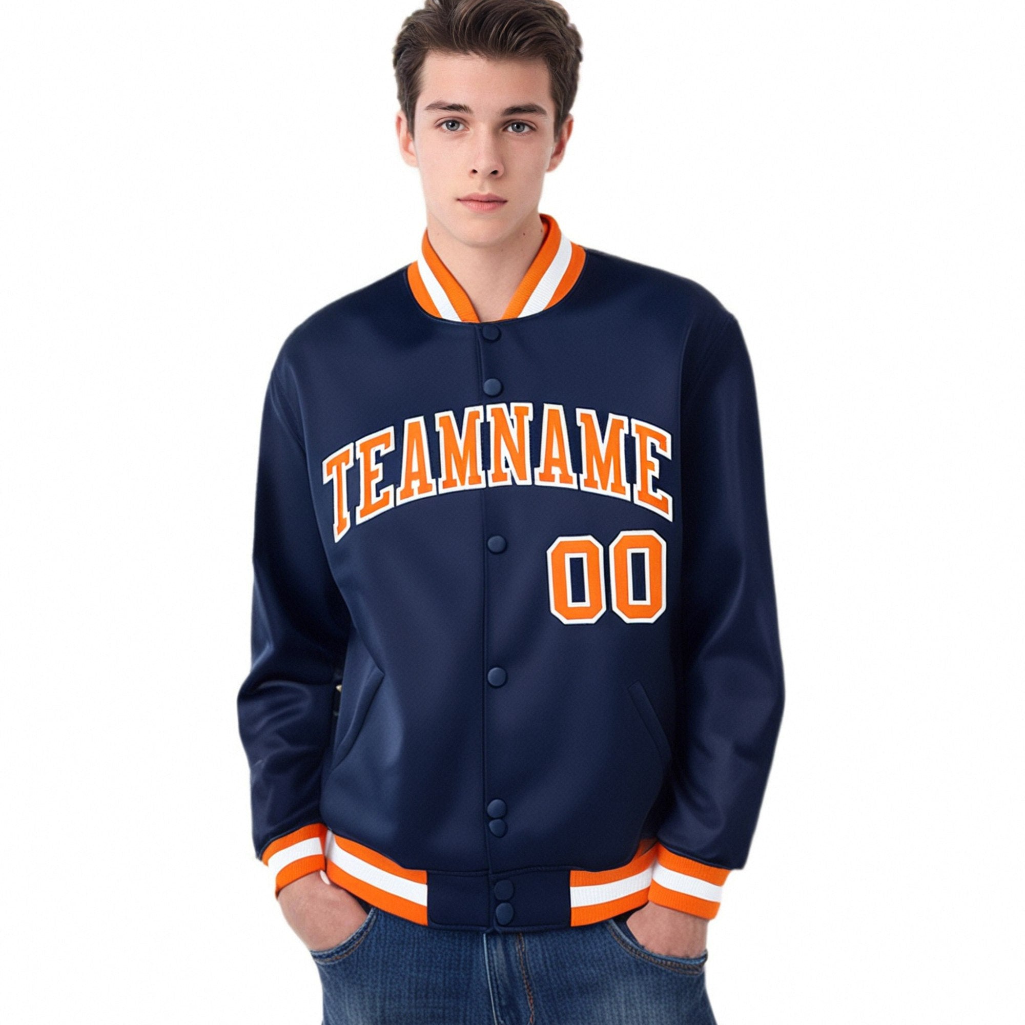 Custom Navy Orange-White Bomber Full-Snap Varsity Letterman Jacket