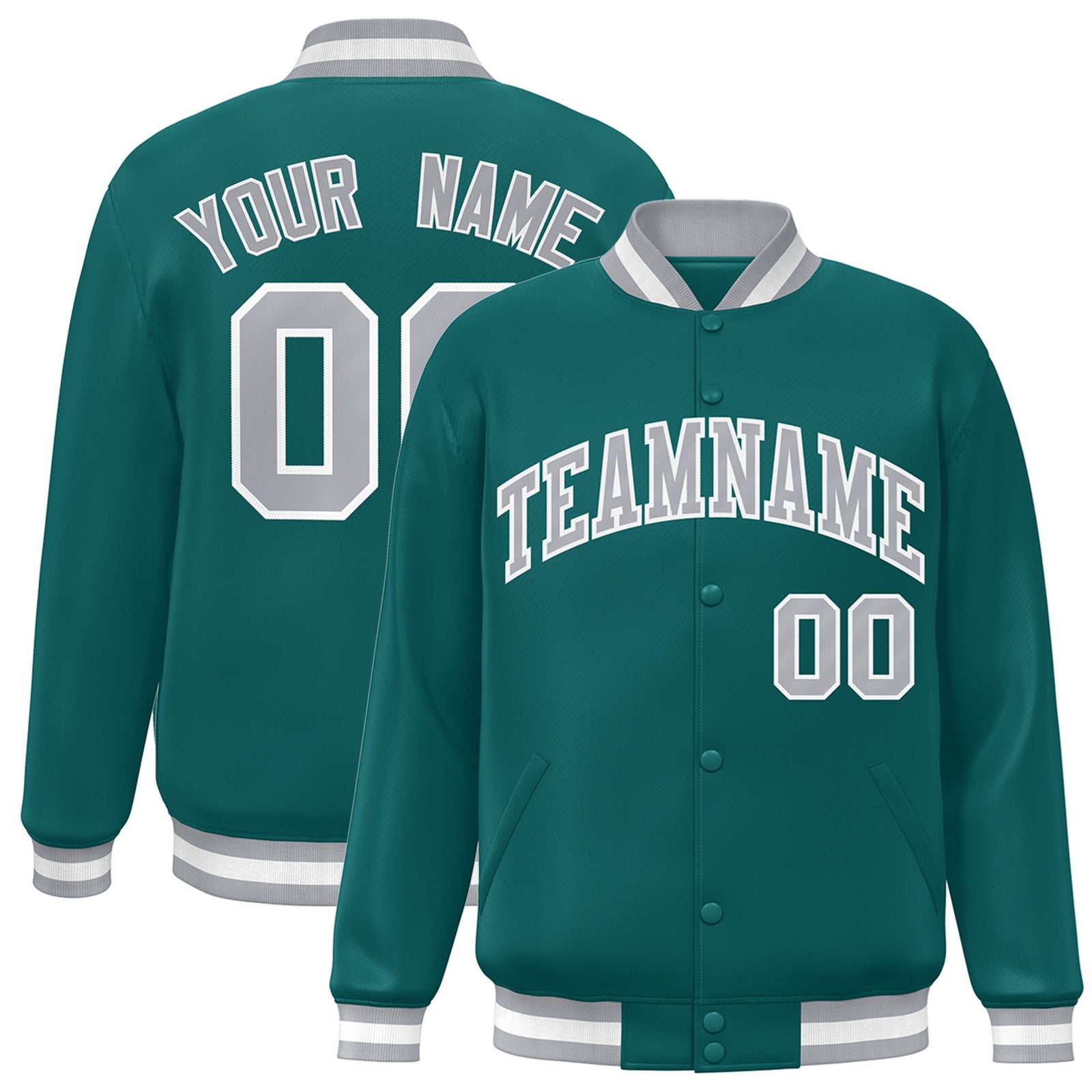 Custom Aqua Gray-White Bomber Full-Snap Varsity Letterman Jacket
