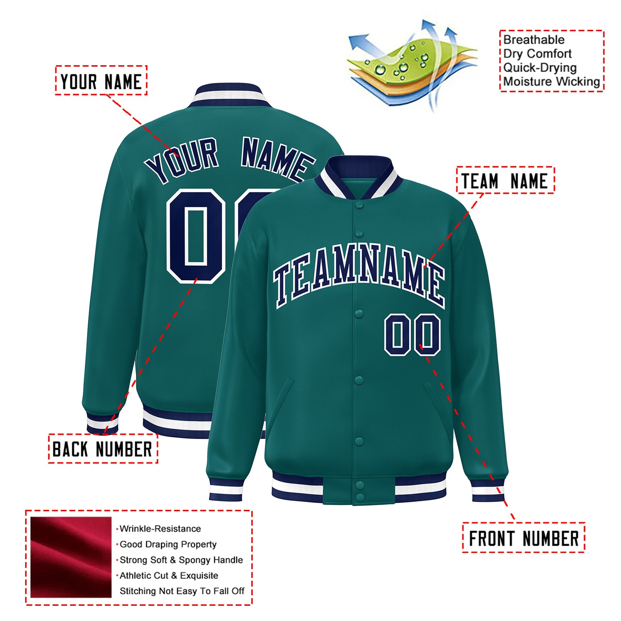 Custom Aqua Navy-White Bomber Full-Snap Varsity Letterman Jacket