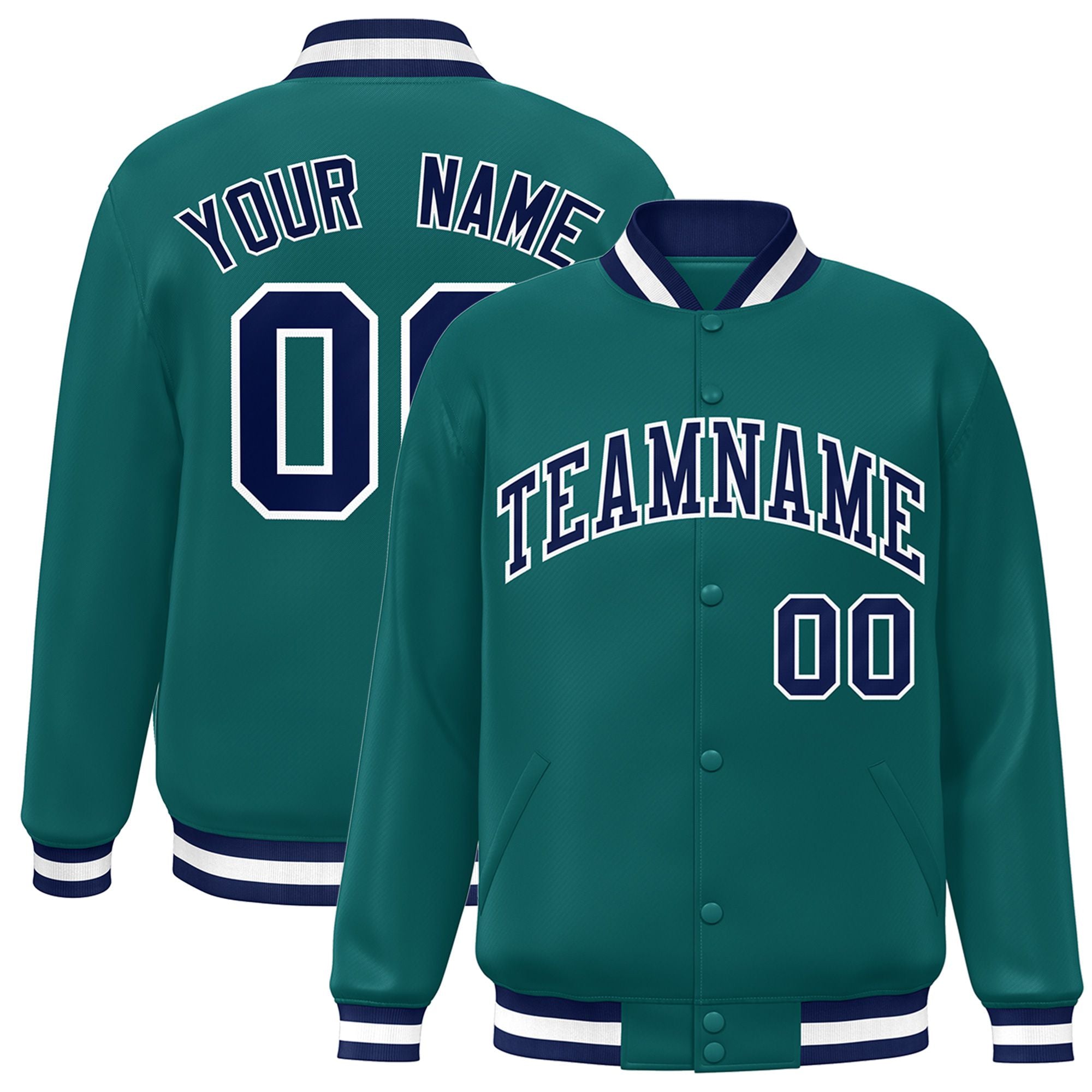 Custom Aqua Navy-White Bomber Full-Snap Varsity Letterman Jacket