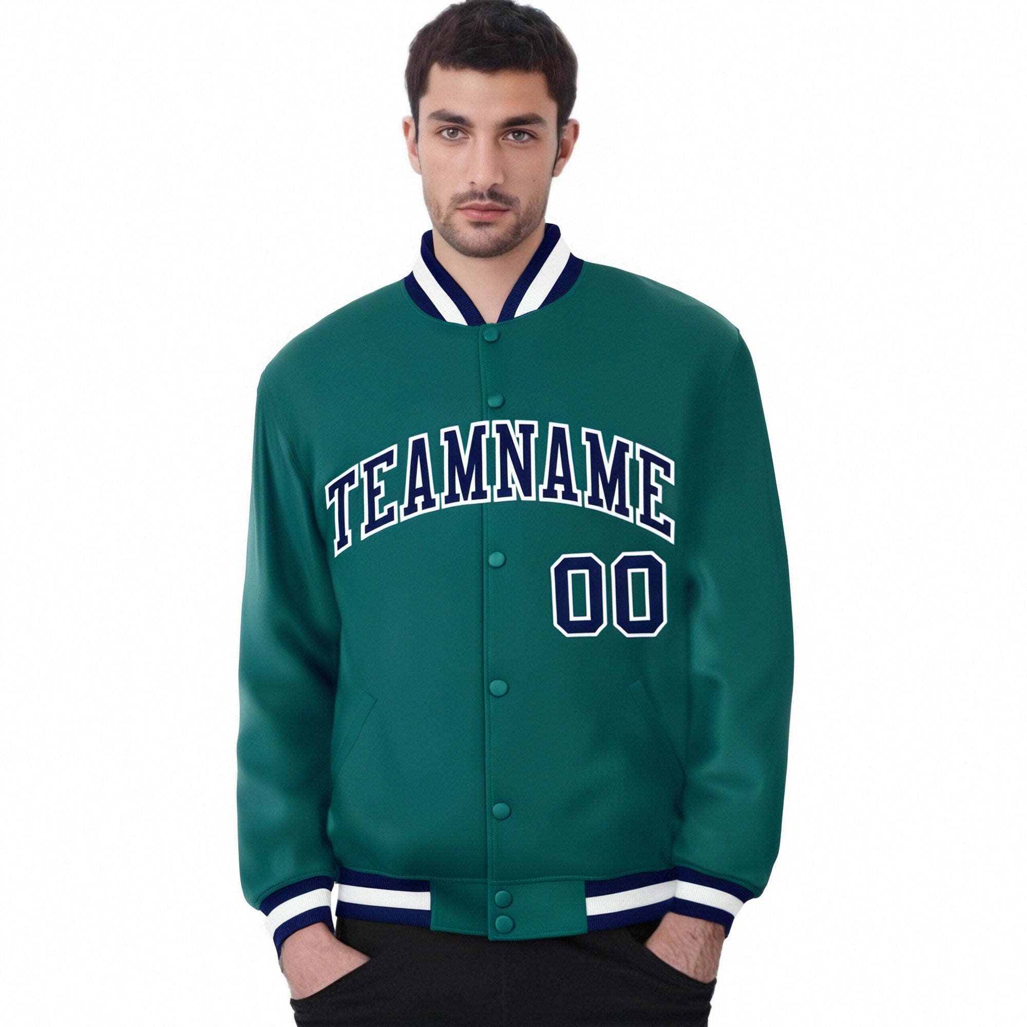 Custom Aqua Navy-White Bomber Full-Snap Varsity Letterman Jacket