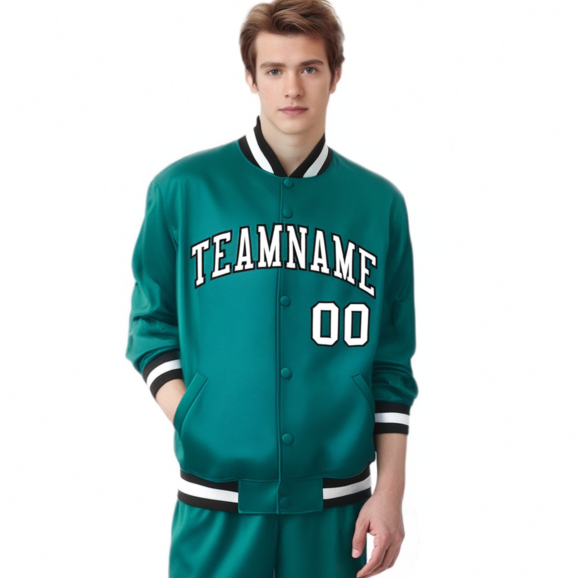 Custom Aqua White-Black Bomber Full-Snap Varsity Letterman Jacket