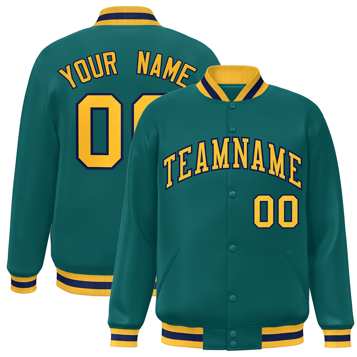 Custom Aqua Gold-Navy Bomber Full-Snap Varsity Letterman Jacket