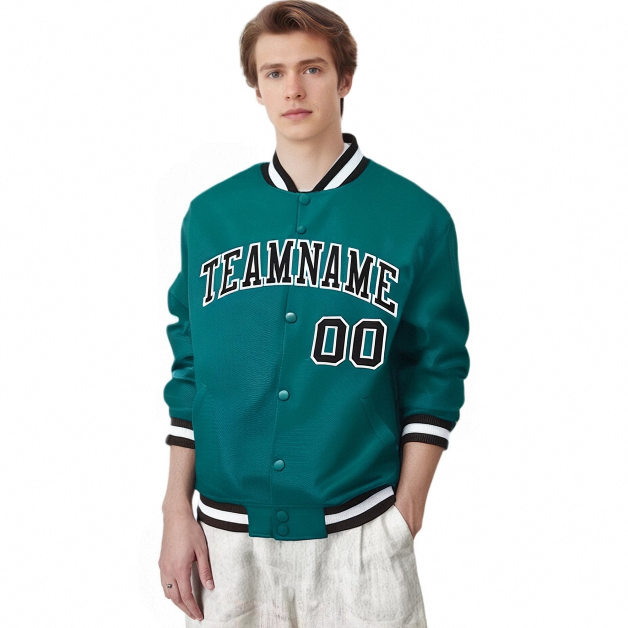 Custom Aqua Black-White Bomber Full-Snap Varsity Letterman Jacket