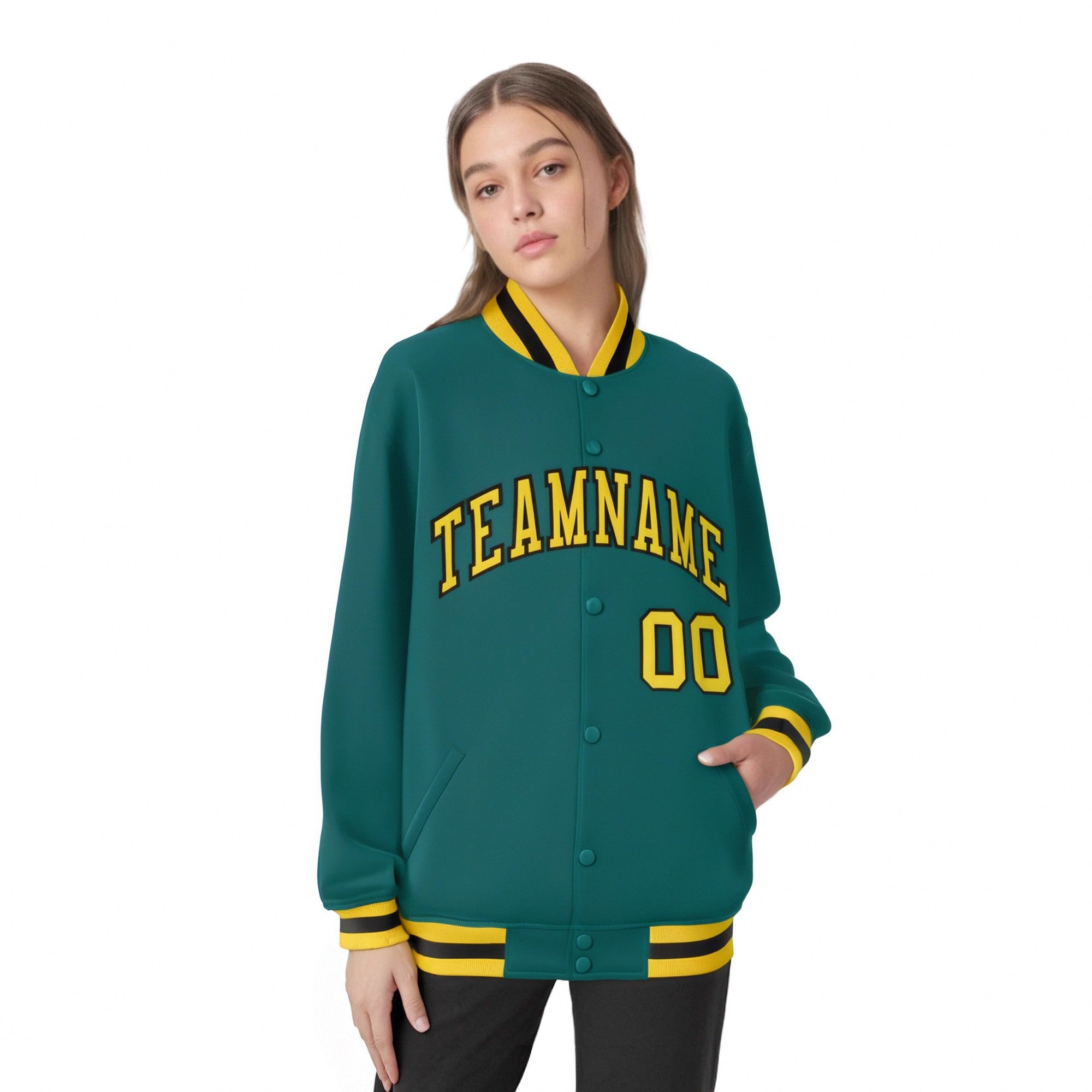 Custom Aqua Gold-Black Bomber Full-Snap Varsity Letterman Jacket