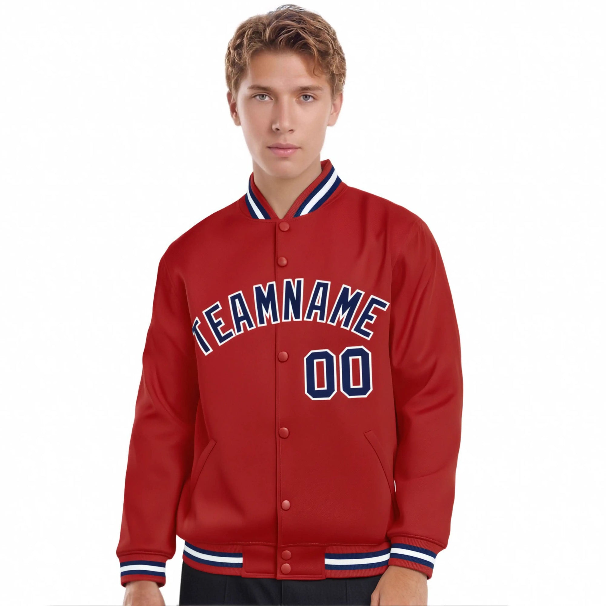 Custom Red Navy-white Classic Style Varsity Full-Snap Letterman Jacket