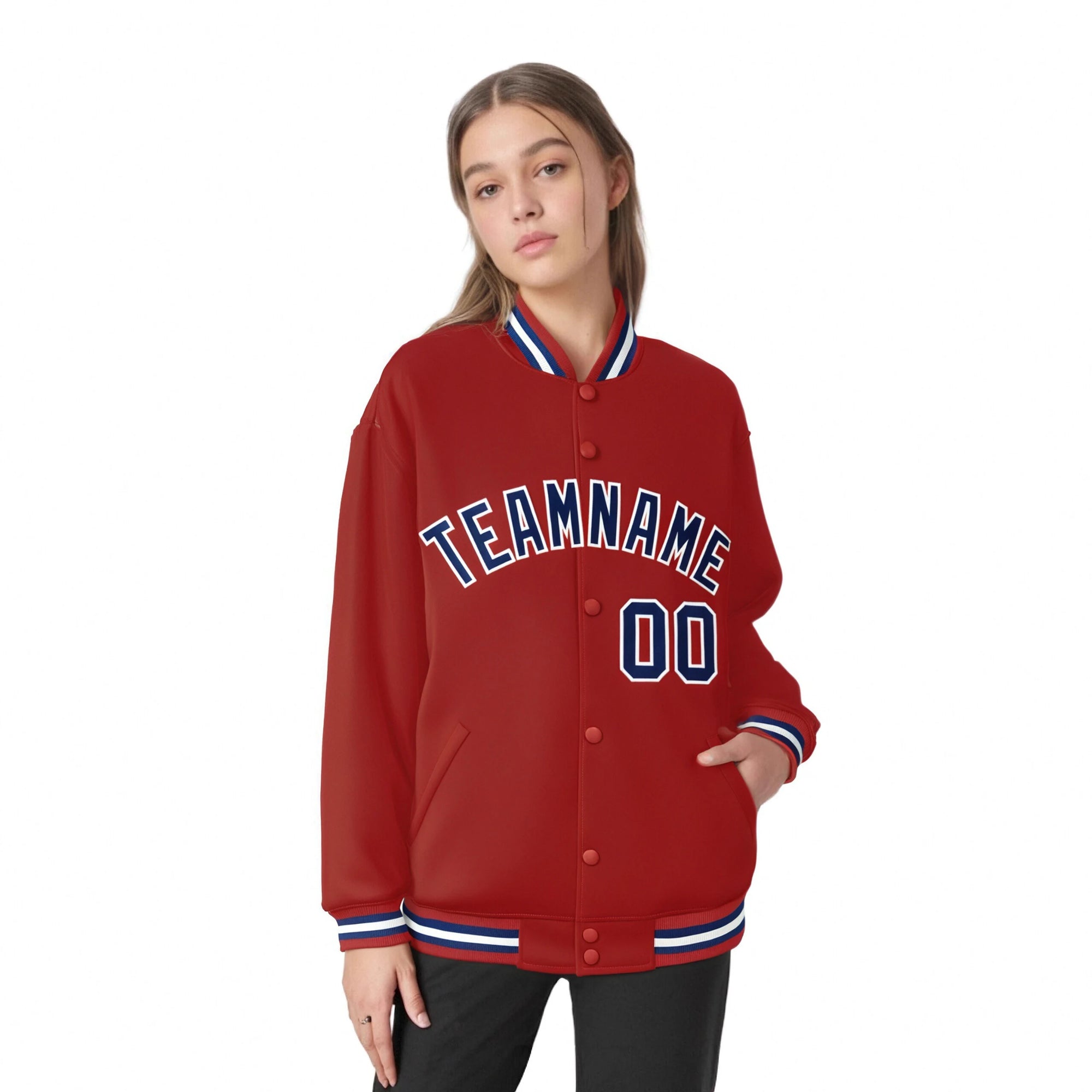 Custom Red Navy-white Classic Style Varsity Full-Snap Letterman Jacket