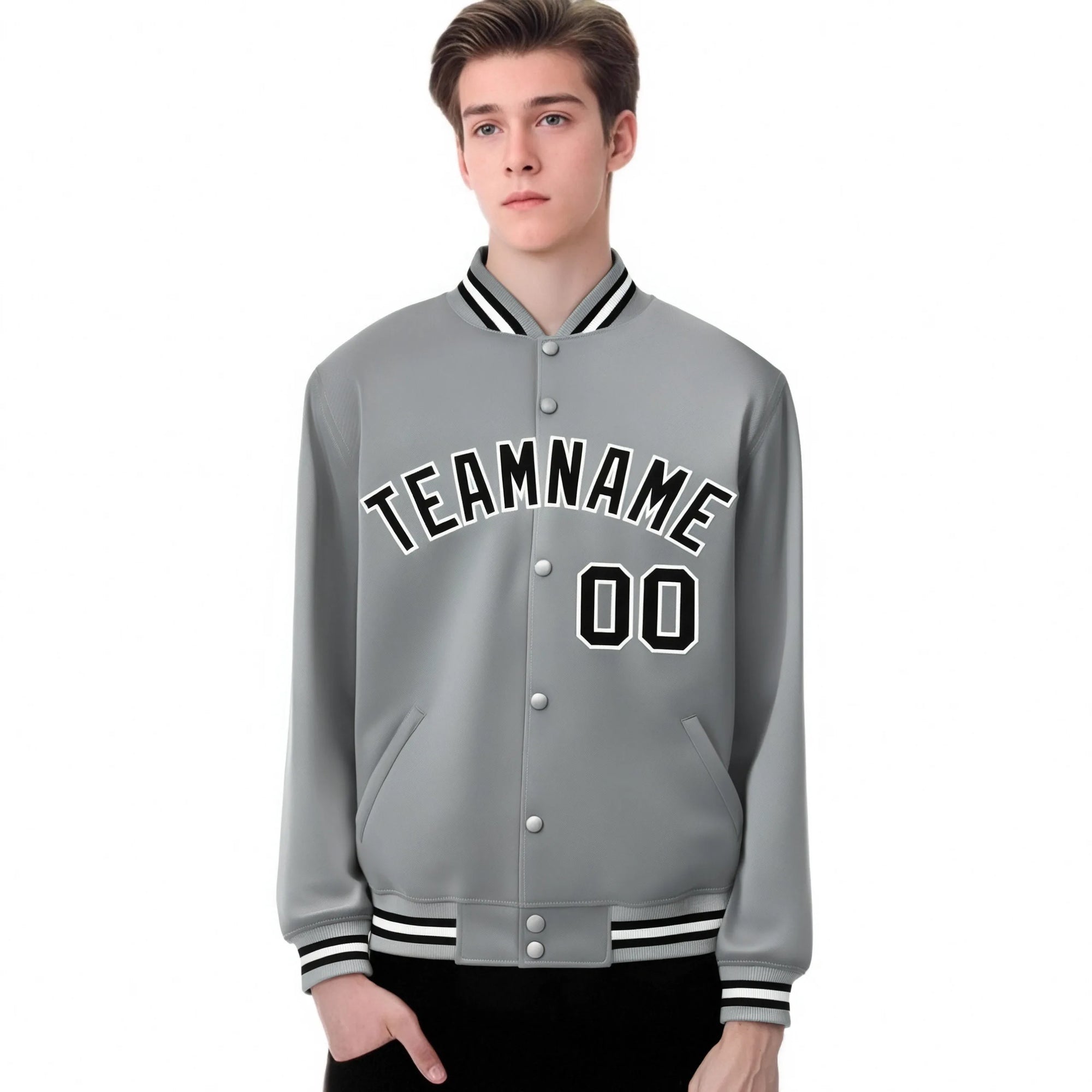 Custom Gray Black-White Bomber Full-Snap Varsity Letterman Jacket