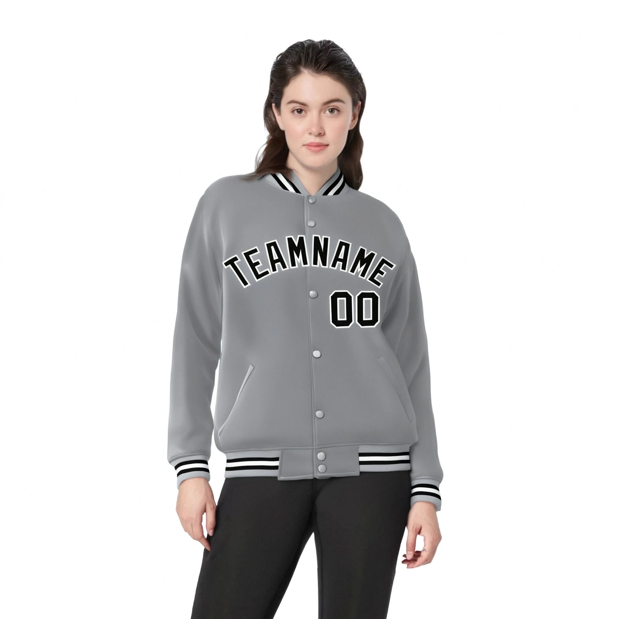 Custom Gray Black-White Bomber Full-Snap Varsity Letterman Jacket