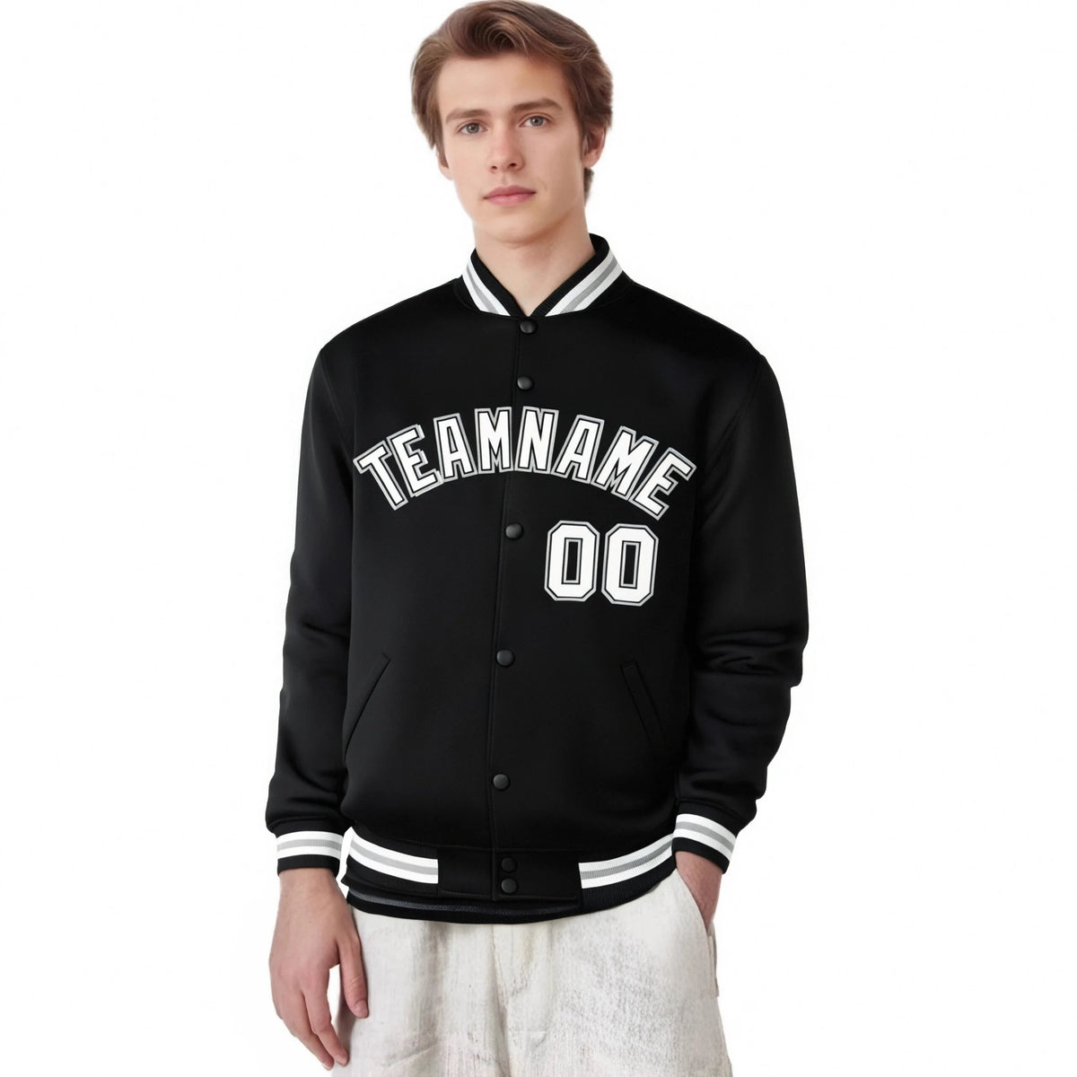 Custom Black White-Gray Bomber Full-Snap Varsity Letterman Jacket