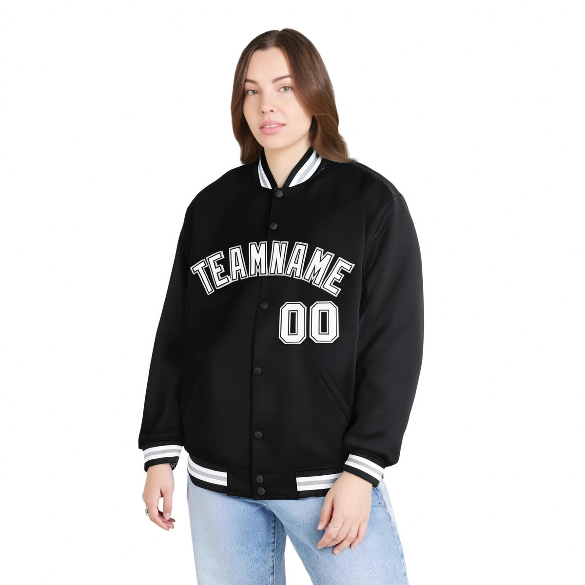 Custom Black White-Gray Bomber Full-Snap Varsity Letterman Jacket