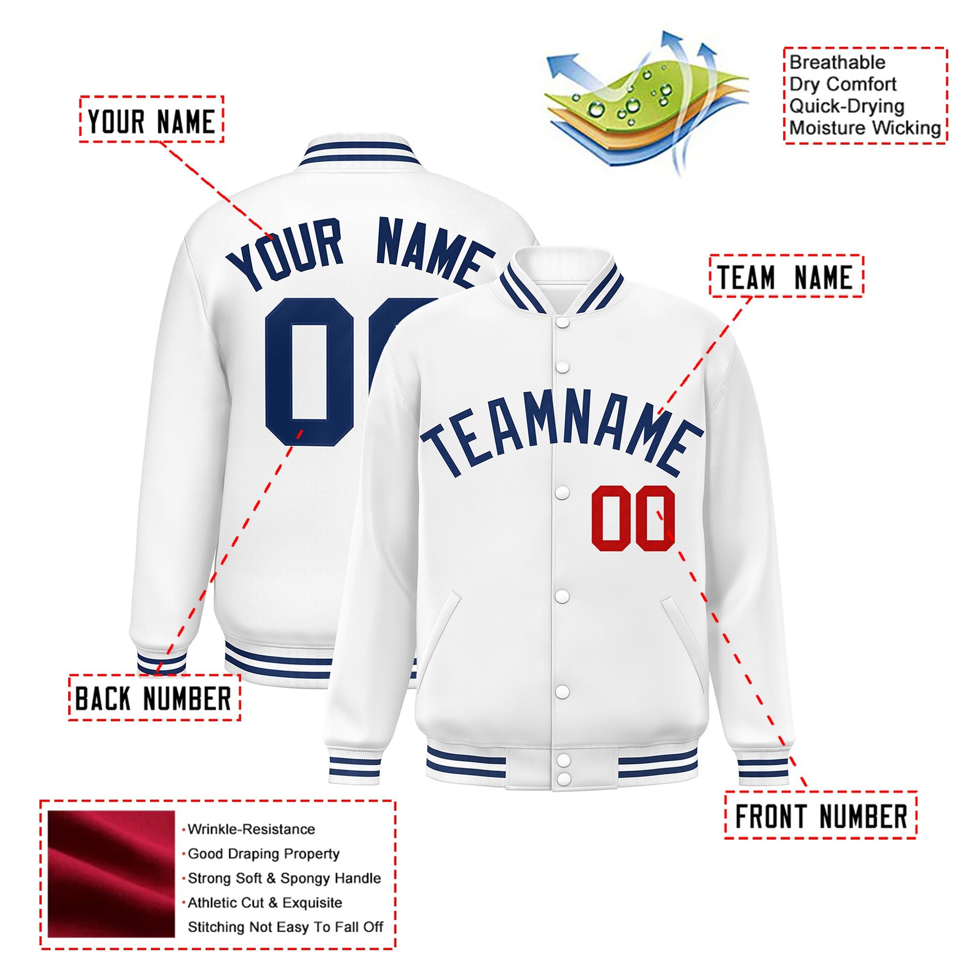 Custom White Navy-Red Bomber Full-Snap Varsity Letterman Jacket