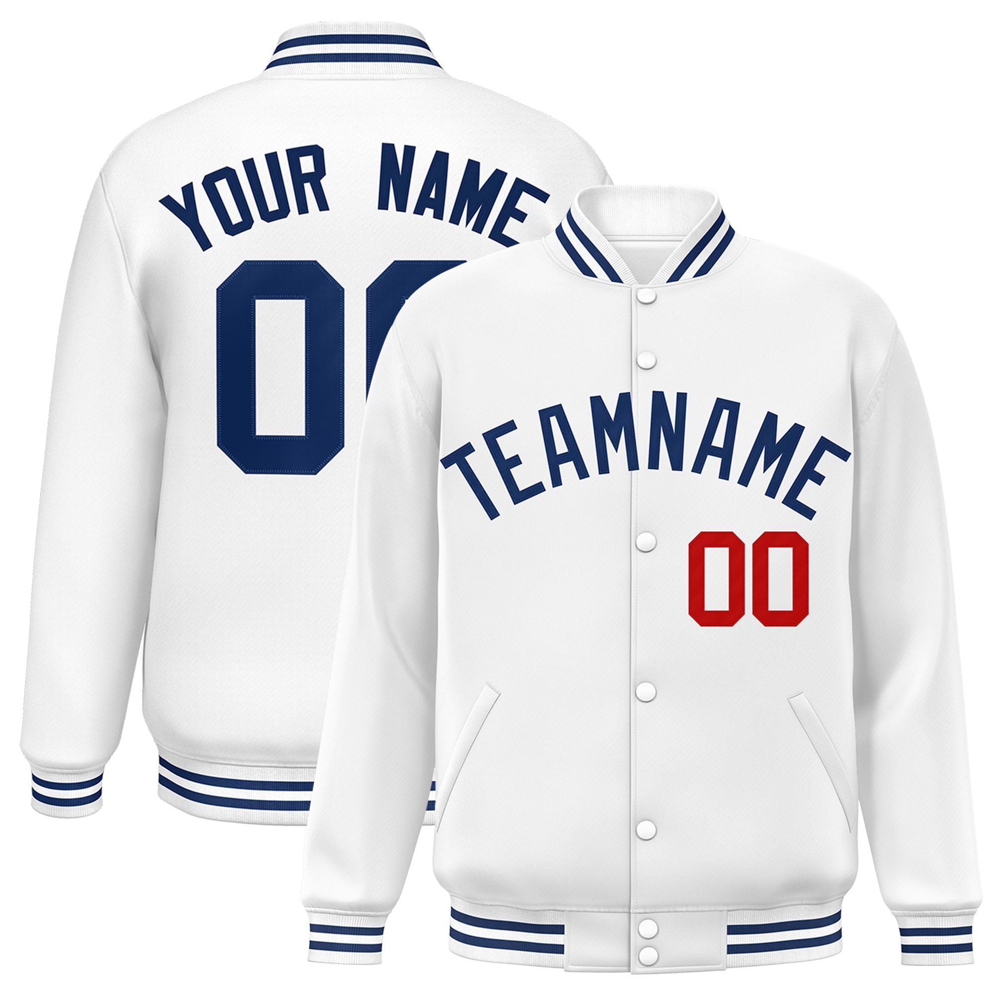 Custom White Navy-Red Bomber Full-Snap Varsity Letterman Jacket