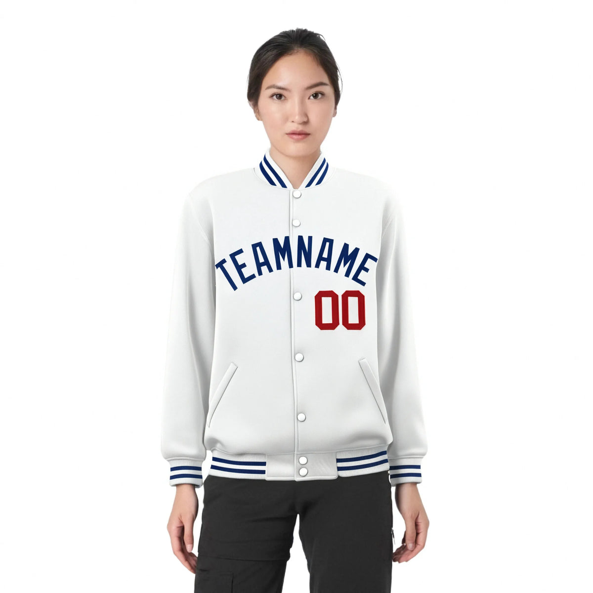 Custom White Navy-Red Bomber Full-Snap Varsity Letterman Jacket