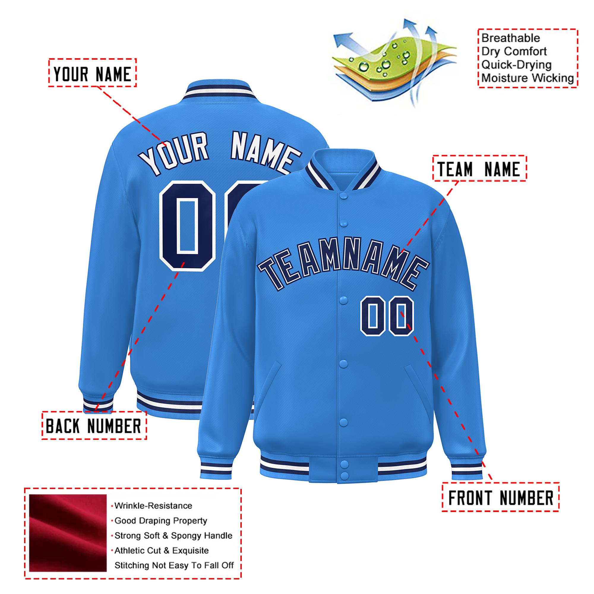 Custom Light Blue Navy-White Bomber Full-Snap Varsity Letterman Jacket