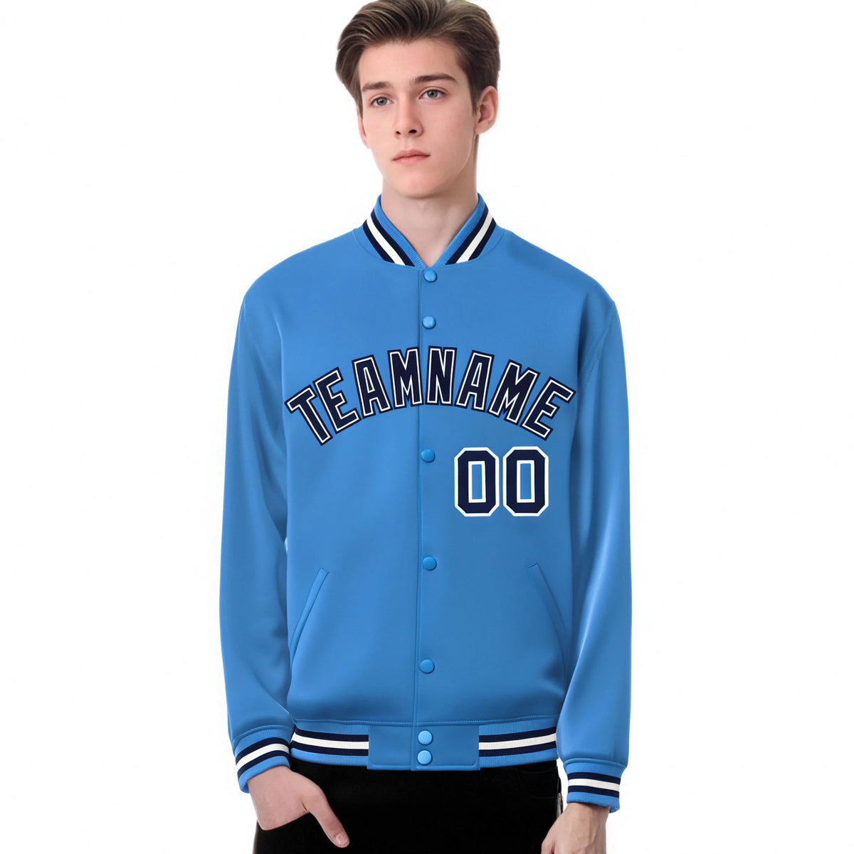 Custom Light Blue Navy-White Bomber Full-Snap Varsity Letterman Jacket