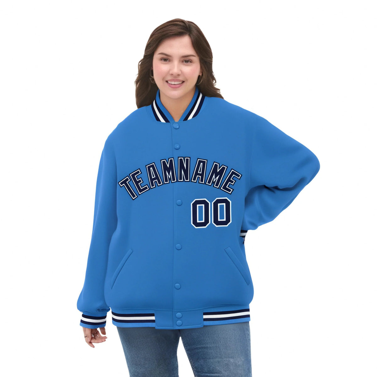 Custom Light Blue Navy-White Bomber Full-Snap Varsity Letterman Jacket